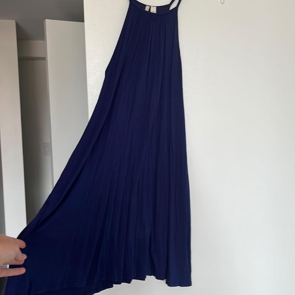 Navy blue A line flowy cotton dress with high neckline